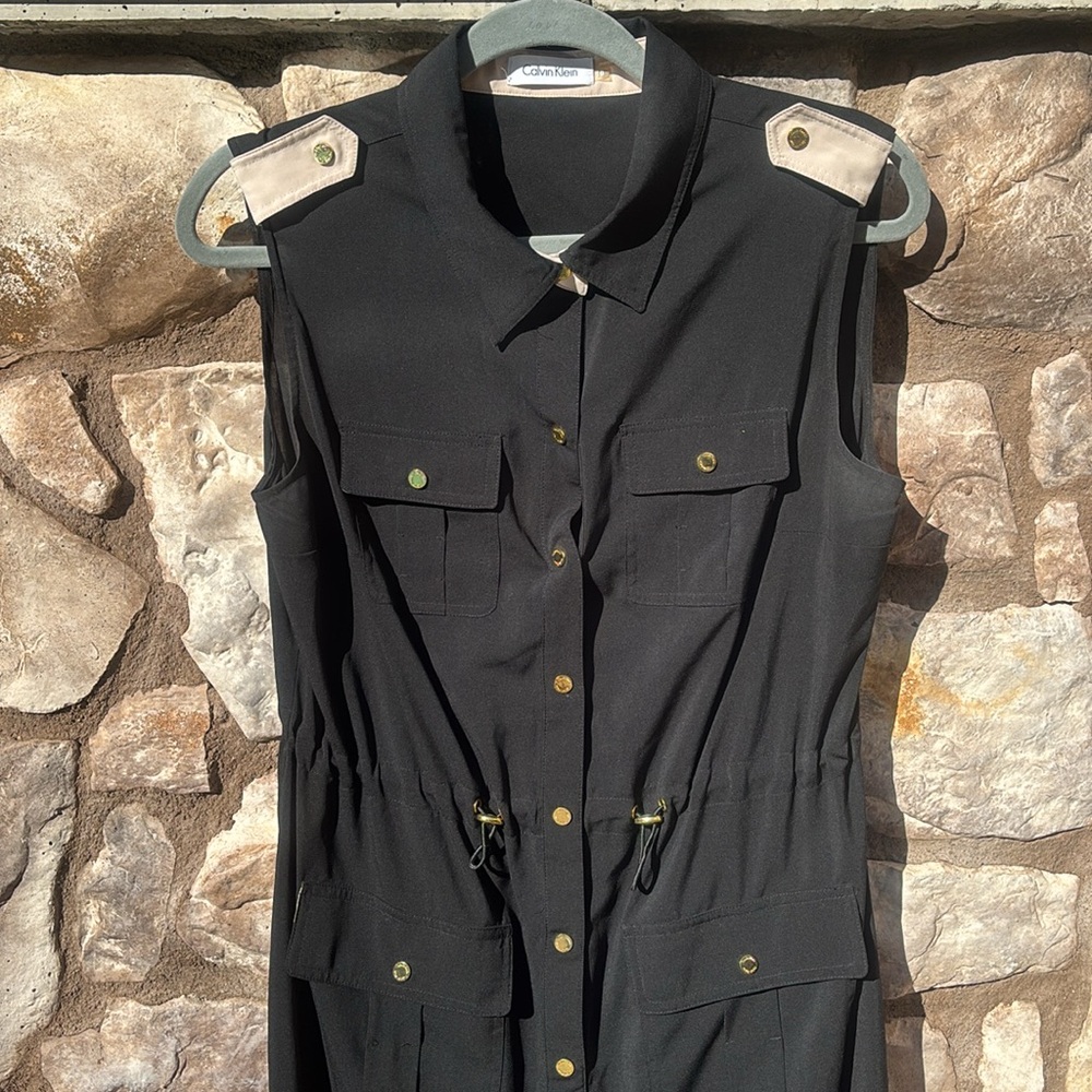 Calvin Klein Black Button Down Dress Sleeveless Gold Buttons Size 10 - Picture 2 of 9